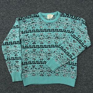 Vtg Wrangler Mens XL Geometric Greek Key Knit Sweater Teal Black Acrylic Read